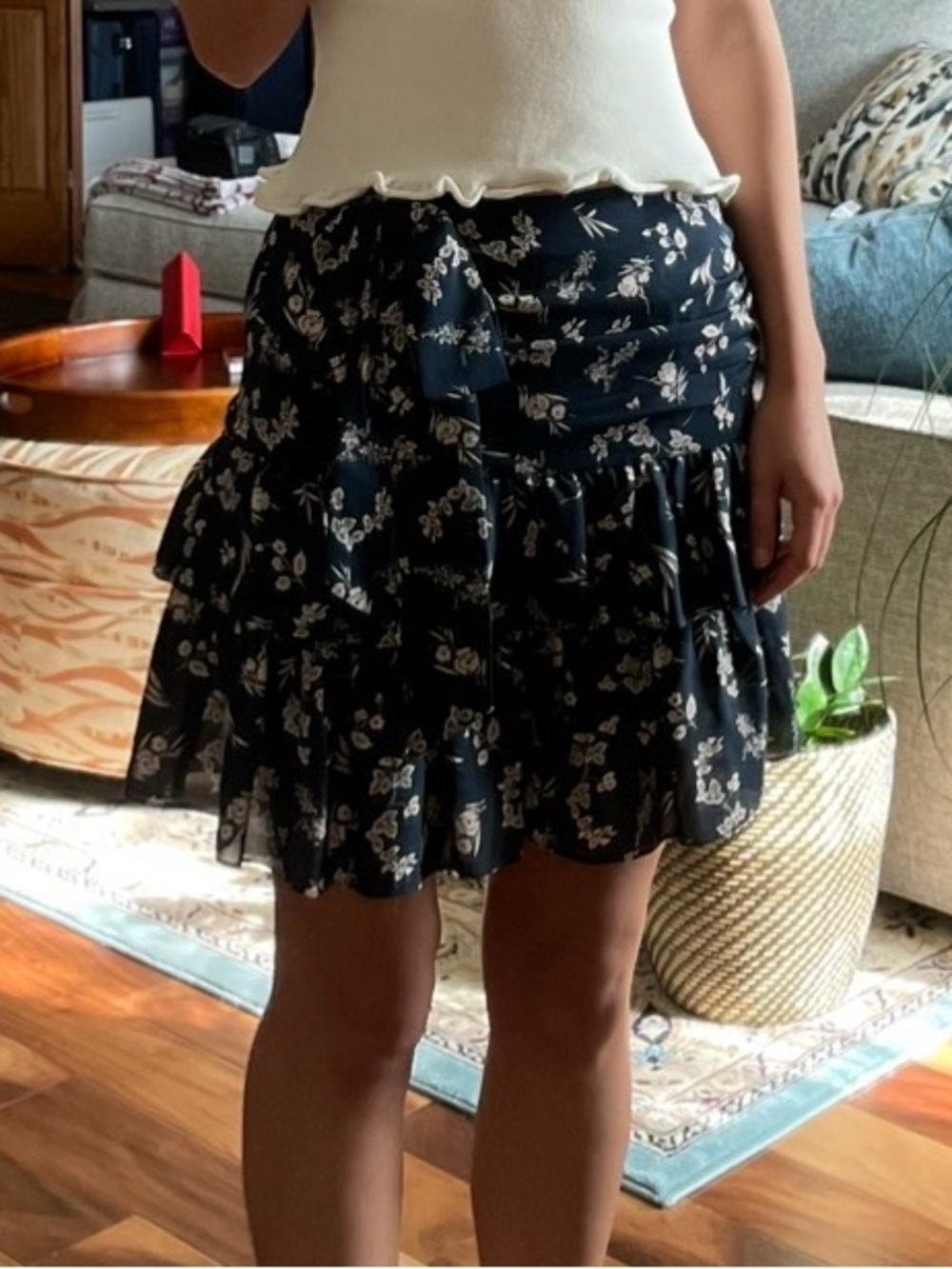 cinq a sept Navy Floral Tiered Mini Skirt